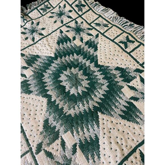 Green White Rug Scatter Dhurrie Star Quilt Pattern Amish Country Look 22"x38" - Picture 6 of 12